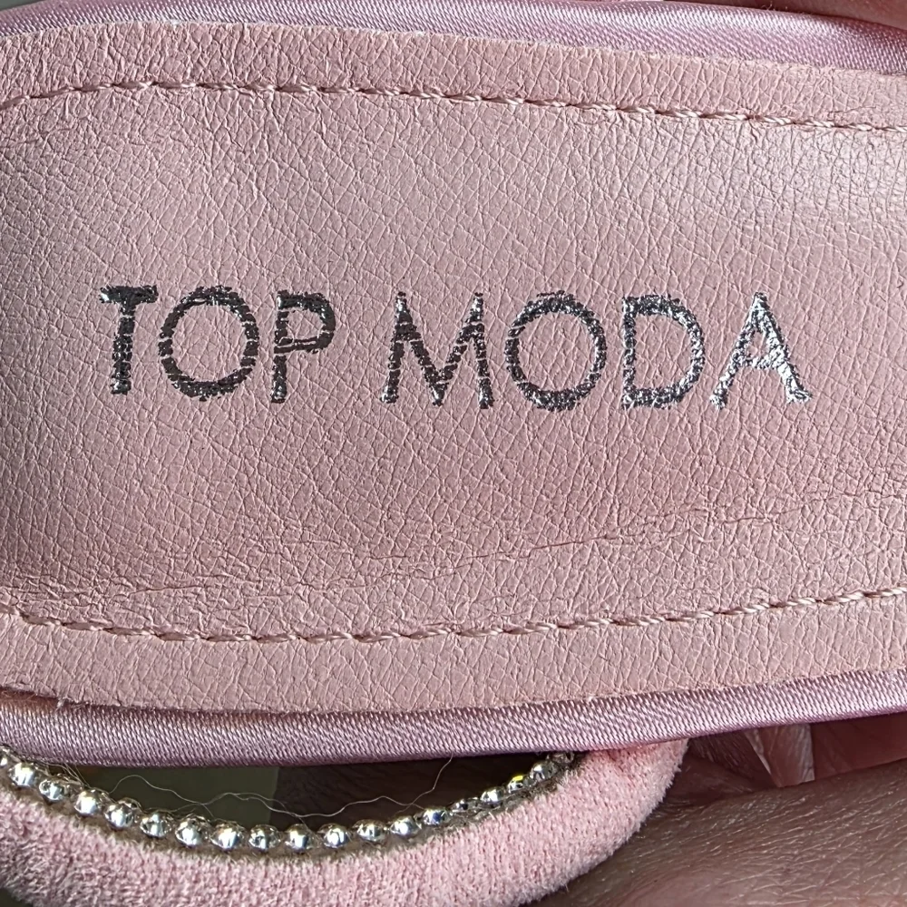 TOP MODA Pink Satin Freya Pointed Toe Sparkly Heart Ankle Strap Heel, Size 6.5